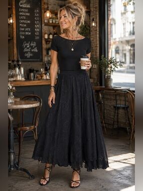 Youtopia Black Embroidered Midi Skirt XL Boho Flowy Lined Elastic Waist